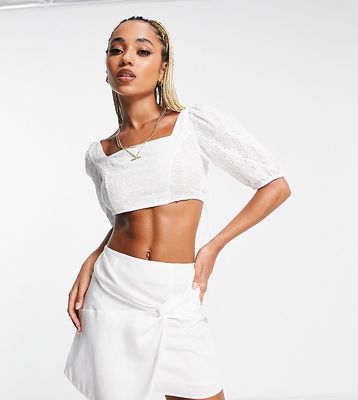 Missguided eyelet crop top with tie back in white