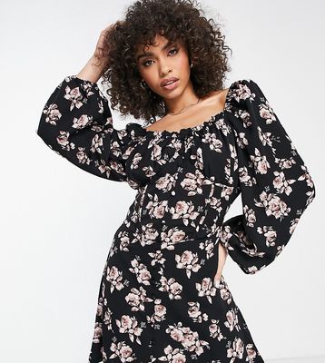 Missguided floral balloon sleeve mini dress in black