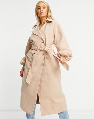Missguided formal longline coat with balloon sleeves in tan-Brown