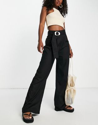 Missguided linen look belted wide leg pants in black
