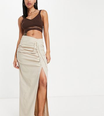 Missguided linen look maxi skirt with ruched detail in stone - part of a set-Neutral