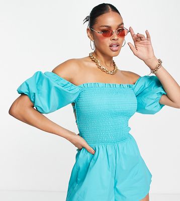 Missguided linen look romper with lace-up back in turquoise-Blue