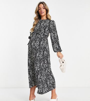 Missguided Maternity belted midi dress with volume sleeves in black floral