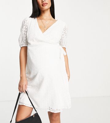 Missguided Maternity broderie puff sleeve wrap dress in white