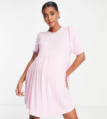 Missguided Maternity puff sleeve smock dress in pink