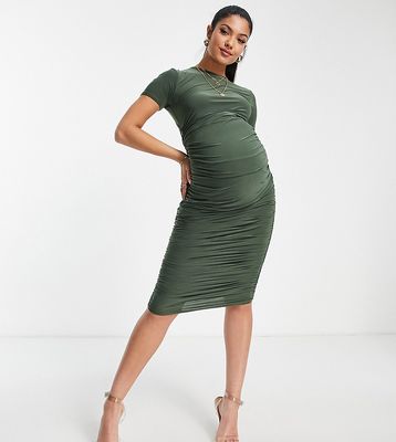 Missguided Maternity slinky midi dress in khaki-Green