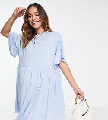 Missguided Maternity smock mini dress with frill detail in pastel blue