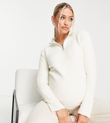 Missguided Maternity teddy zip up sweater in cream-White