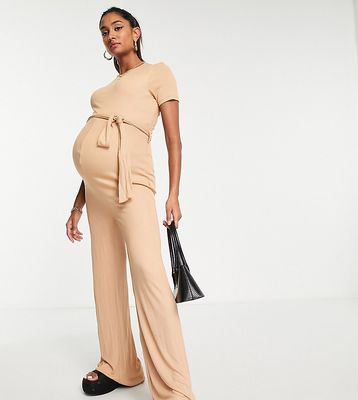 Missguided Maternity wide leg jumpsuit with short sleeve in camel-Neutral
