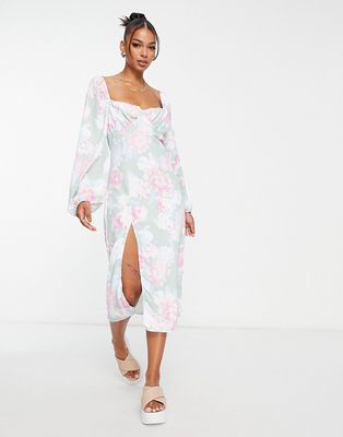 Missguided milkmaid midaxi dress with balloon sleeves in green floral