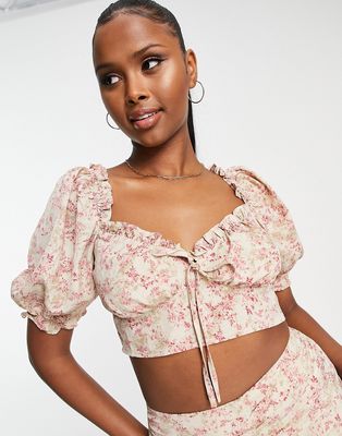 Missguided milkmaid top with ruched detail in stone floral - part of a set-Neutral