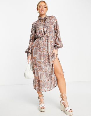 Missguided paisley print tie neck midaxi dress in pink-Multi