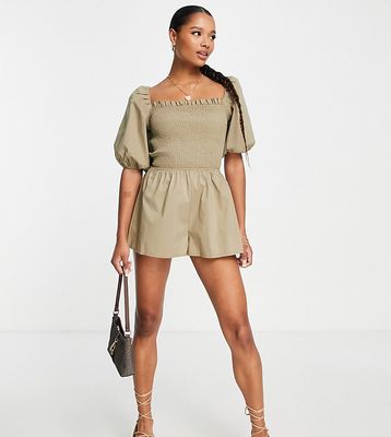 Missguided Petite linen look romper with lace-up back in stone-Neutral