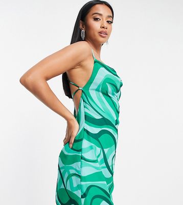 Missguided Petite mini dress with cowl neck in green swirl print