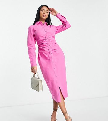 Missguided Petite poplin midaxi shirt dress with ruched detail in hot pink