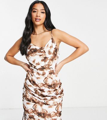 Missguided Petite printed cowl neck mini dress in brown