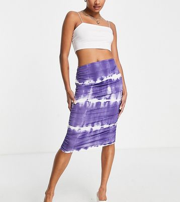 Missguided Petite slinky midi skirt with ruched sides in purple tie dye - part of a set-Blue