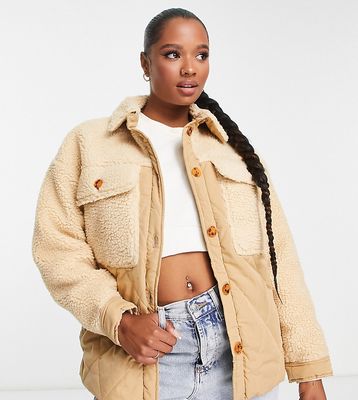 Missguided Petite teddy borg trim quilted coat in tan-Neutral