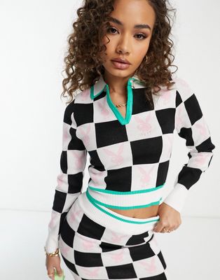 Missguided Playboy checkerboard top in white - part of a set