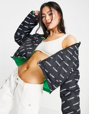Missguided Playboy reversible puffer jacket in black & green