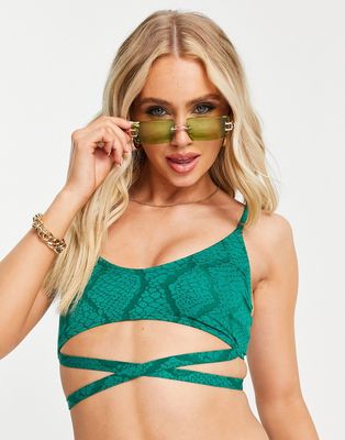 Missguided plunge bikini top with tie back in green snake
