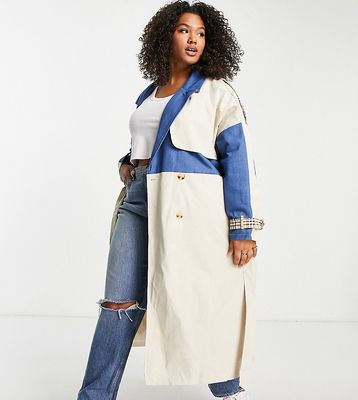 Missguided Plus denim spliced trench coat in beige-Multi