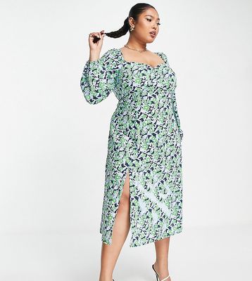 Missguided Plus milkmaid midi dress with long sleeve in floral-Multi