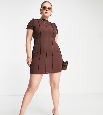 Missguided Plus ribbed seam detail mini dress in chocolate-Brown