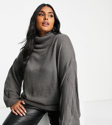 Missguided Plus roll neck sweater with cable knit sleeves in charcoal-Gray