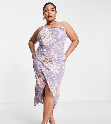 Missguided Plus satin midaxi cami dress with cowl neck in lilac-Blue