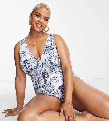 Missguided Plus swimsuit with belt in blue porcelain print - part of a set