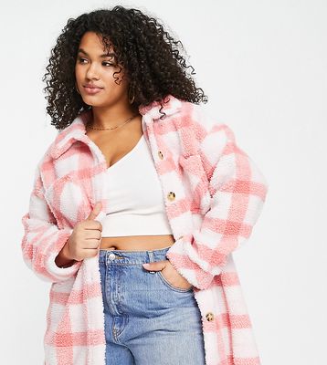 Missguided Plus teddy shacket in check print-Multi