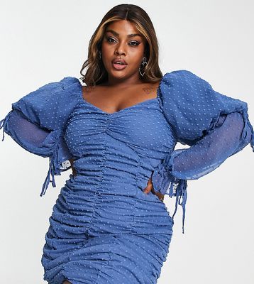 Missguided Plus textured mini dress with ruched front in blue