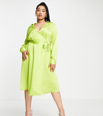 Missguided Plus wrap shirt dress in green satin
