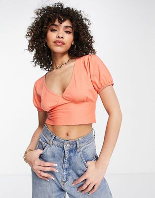 Missguided puff sleeve open tie back crop top in peach-Blue