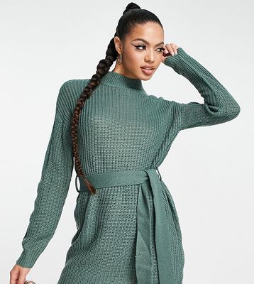 Missguided roll neck dress with belted waist in khaki-Green