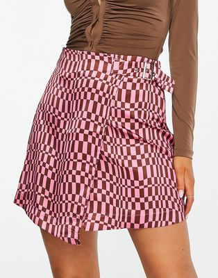 Missguided satin wrap mini skirt in pink checkerboard - part of a set