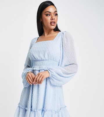 Missguided shirred textured mini dress with long sleeve in light blue