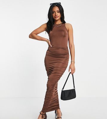Missguided slinky midaxi dress with ruched detail in brown