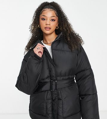 Missguided Tall belted hooded puffer jacket in black-Neutral