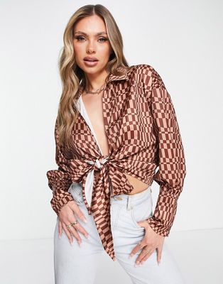 Missguided tie front shirt in brown checkerboard - part of a set