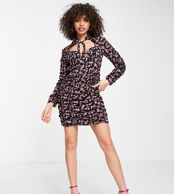 Missguided tie neck floral mini dress in black