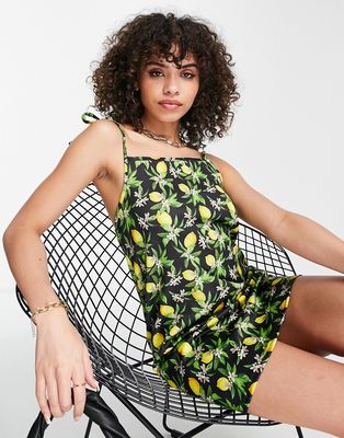 Missguided tie strap cami dress in black with lemon print