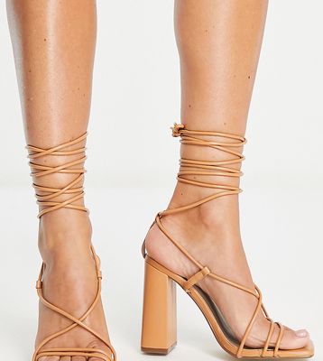 Missguided tie up block heeled sandals in tan-Neutral