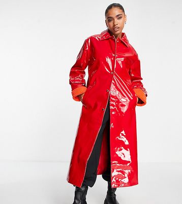 Missguided vinyl formal coat with faux fur cuff in red