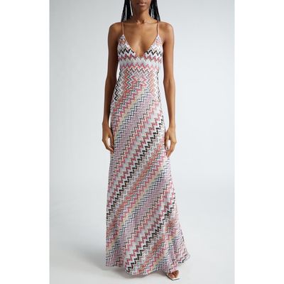 Missoni Chevron Metallic Knit Maxi Dress in Pink And White Tones Multi