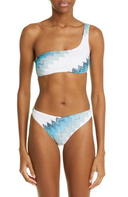 Missoni Chevron One-Shoulder Two-Piece Swimsuit in White Sky Blue