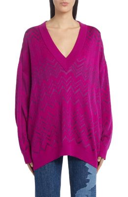 Missoni Chevron V-Neck Wool Blend Sweater in Purple Wine