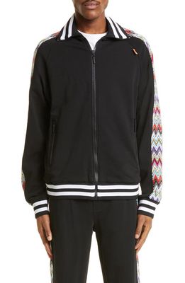 Missoni Chevron Zigzag Inset Cotton Fleece Track Jacket in Black With Raschel Multicolor