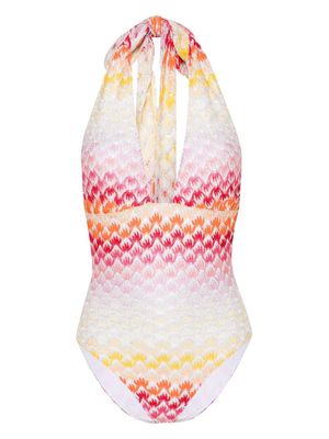 Missoni knitted-overlay halterneck swimsuit - Pink